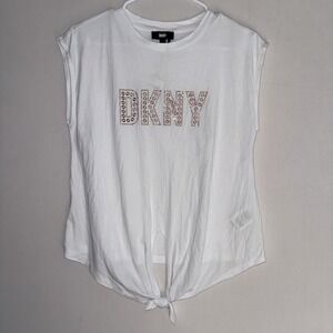 DKNY Women's Chic Top Sz XS Grommet-Logo Sleeveless Tie-Hem White